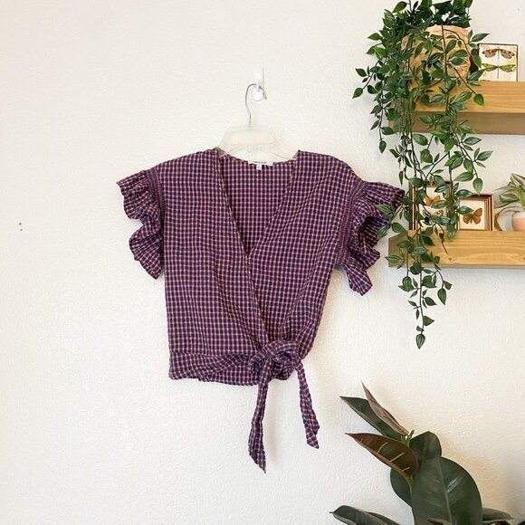 ☀️ MADEWELL Flutter-Sleeve Side-Tie Wrap Top in Plaid XS Crop Casual Boho Cute - Picture 2 of 6